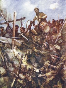 Trommeslager Walter Ritchie stående på fiendens brystning for å lyde anklagen, under kraftig maskingeværild og bombeangrep, Beaumont Hamel, Frankrike, 1. juli 1916