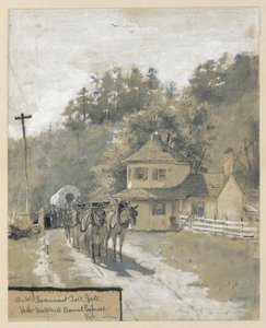 En gammel regjeringsbomport med Westward Bound Express, tegning av en illustrasjon for artikkelen av Howard Pyle