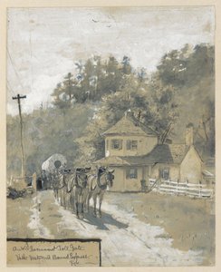 En gammel statlig bomstasjon med et ekspresstog på vei vestover, tegning til en illustrasjon for artikkelen «The Old National Pike» av William Henry Rideing av Howard Pyle