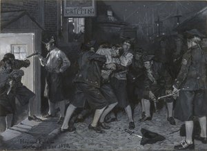 Ved Griffens skilt, tegning til en illustrasjon for artikkelen «Gamle kaffehus i New York» av John Austin Stevens av Howard Pyle
