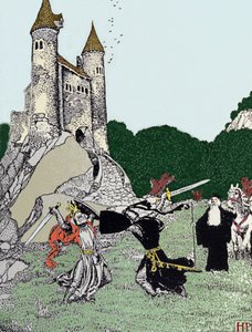 Kamp mellom kong Arthur (Artus) og den svarte ridderen i nærvær av den fortryllende Merlin. Illustrasjon av Howard Pyle (1853 - 1911), amerikansk illustratør av Howard Pyle