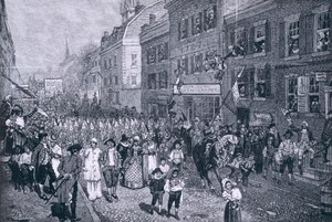 Carnival at Philadelphia, illustrasjon fra 'The Battle of Monmouth Court House' av Benson J. Lossing, pub. i Harper's Magazine, juni 1878 av Howard Pyle