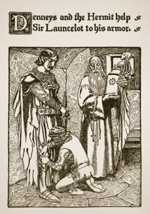 Denneys og eremitten hjelper Sir Launcelot til rustningen hans, illustrasjon fra 