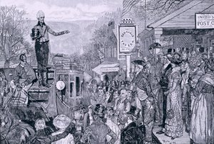 'General Jackson, påtroppende president, på vei til Washington', illustrasjon fra 'A Presidential Progress', pub. i Harper's Weekly, 1881 av Howard Pyle