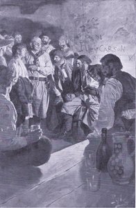 Han førte Jack opp til mannen som satt på tønnen, fra Howard Pyles Book of Pirates utgitt av Harper & Bros, 1921 av Howard Pyle