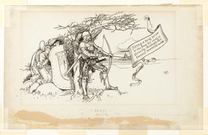 Illustrasjon for The Accommodating Circumstance, II; Han passet en lang pil til buen og sendte den direkte gjennom den fremste rytteren av Howard Pyle