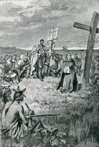 Jacques Cartier (1491-1557) Setter opp et kors ved Gaspe, illustrasjon fra 