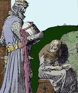 Kong Arthur (Artus) og heksen. Illustrasjon av Howard Pyle (1853 - 1911), amerikansk illustratør.