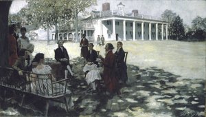 Martha og George Washington underholder vennene sine på plenen til Mount Vernon, 1898 (olje og grisaille på lerret) av Howard Pyle