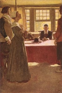 Mary Dyer brakt før guvernør Endicott, illustrasjon fra 