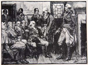 Washington og hans generaler i samråd, 15. mars 1783, illustrasjon fra Harper