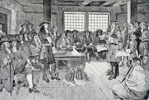 William Penn i konferanse med kolonistene, illustrasjon fra puben "The First Visit of William Penn to America". i Harper