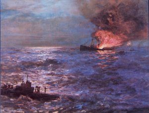 Handelsfartøy avskallet av tysk U-båt i WW2 (farge litho)