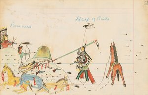 Pawnees and Heap of Birds, 1874-75 (penn, blekk og wc på hovedbokpapir)