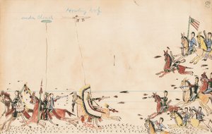 Under Cloud and Howling Wolf kjemper med general Sully i 1868, 7th Cavy near the Present Camp Supply, 1874-75 (penn, blekk og wc på hovedbokpapir)
