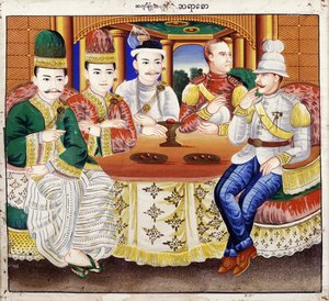 Kong Thibaw med dignitærer og en britisk offiser (wc på tekstil) av Hsaya Chone and Hsaya Saw