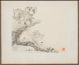 Album med landskapsmalerier som illustrerer gamle dikt: En mann ligger under et steinete overheng, 1700-tallet.