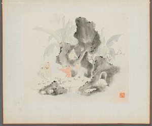 Album med landskapsmalerier som illustrerer gamle dikt: Children Play in a Rocky Grove, 1700-tallet.