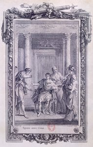 Cinna or The Clemency of Augustus, tragedie av Pierre Corneille (1606-1684), gravering av Gravelot (1699-1773)