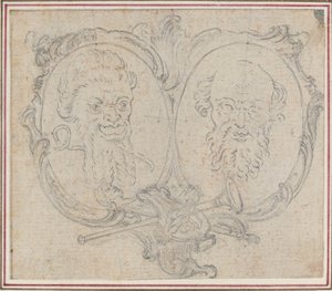 Dobbel kartusj med to hoder og symboler for berømmelse og dårskap av Hubert Francois Gravelot