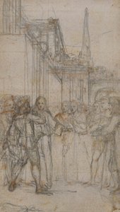 Litterær illustrasjon: Mann med sverd konfronterer gruppe av figurer før bygging av Hubert Francois Gravelot