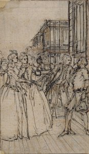 Litterær illustrasjon med to damer og to herrer i en gate av Hubert Francois Gravelot