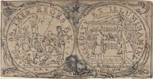 Prydmedaljonger med tilbedelsen av magiene og to bibliofile av Hubert Francois Gravelot