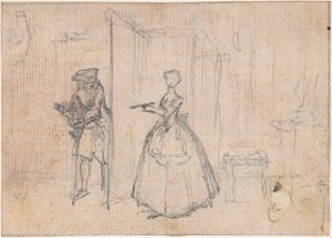 Studie til «Å bedra onkelen hennes», etset vignett i «Sanger i operaen Flora» av Hubert Francois Gravelot