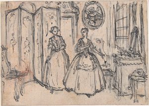 Studie til «Om vokterens makt», etset vignett i «Sanger i operaen Flora» av Hubert Francois Gravelot