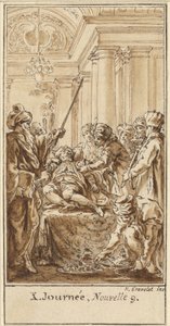 Tiende dag, niende historie: Saladin gir rike gaver til den sovende Torello av Hubert Francois Gravelot