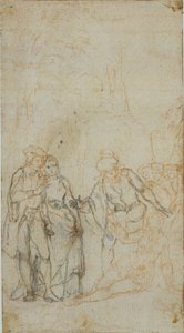 Uidentifisert litterær illustrasjon med en gruppe figurer rundt liggende figur i landskapet av Hubert Francois Gravelot