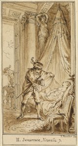 Andre dag, syvende historie: Hertugen av Athen vurderer den sovende prinsesse Alatiel av Hubert François Gravelot after François Boucher