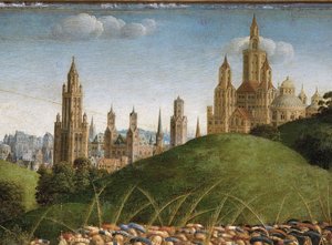 Detalj av tilbedelsen av det mystiske lam, fra midtpanelet til Ghent-altertavlen (olje på panel)