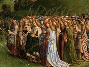 Tilbedelsen av det mystiske lam, fra Ghent-altertavlen, detalj på nedre halvdel av sentralpanelet