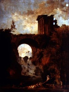En Capriccio av et ødelagt tempel ved en bro over en kaskade med en vippefest av Hubert Robert