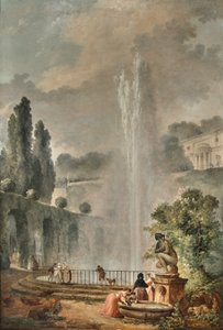 Hagelandskap med en villa med utsikt over en stor fontene av Hubert Robert