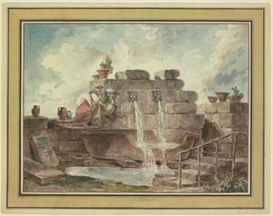 En romersk fontene med en kvinne som henter vann av Hubert Robert