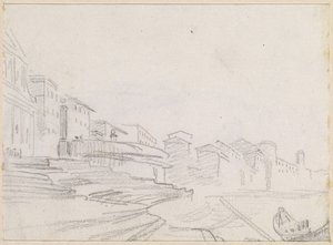 Bygninger langs en elvebredd [verso] av Hubert Robert