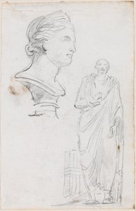 Byste av en romersk kvinne og statue av en romersk mann av Hubert Robert