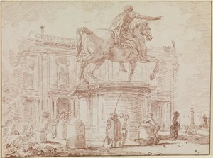 Rytterstatuen av Marcus Aurelius og Konservatorpalasset i Roma av Hubert Robert