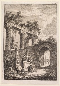 Kvelder i Roma: Statuen foran ruiner av Hubert Robert