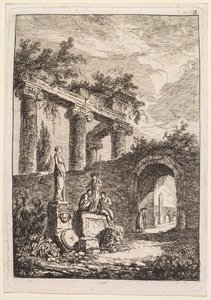 Kvelder i Roma: Statuen foran ruiner, 1763-1764. av Hubert Robert