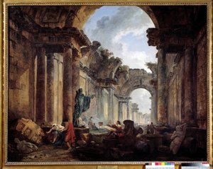 Imaginær utsikt over Grand Galerie du Louvre i ruiner Maleri av Hubert Robert (1733-1808) Søn. 1,14x1,46 m.