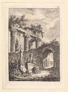 Statuen før ruinene.n.d. av Hubert Robert