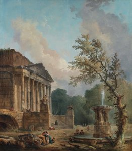 Landskap med ruiner av et romersk tempel av Hubert Robert