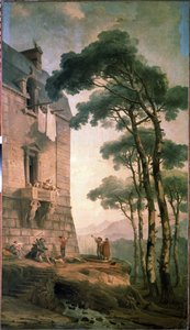 Musikerne. En gruppe artister bestående av musikere og en bjørnetrener leter under balkongen til et middelklassehus. Maleri av Hubert Robert (1733-1808), olje på lerret, fransk kunst. Statens friluftsmuseum Peterhof, St. Petersburg av Hubert Robert