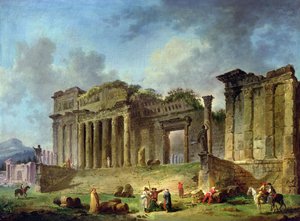 Mann som skisserer ruinene av et klassisk tempel (olje på lerret) av Hubert Robert