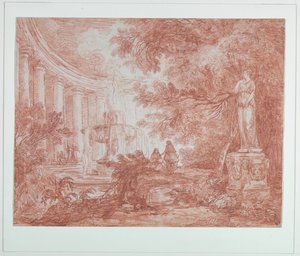 Park med fontene og statue av Hubert Robert