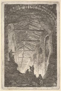 Plate 10: The Ancient Gallery: et stort overbygd galleri, lys som kommer inn fra bak..., ca. 1763-64. av Hubert Robert