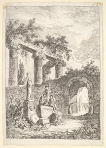 Plate 3: Statuen før ruinene: en statue til venstre ved siden av tre figurer på en p..., ca. 1763-64. av Hubert Robert